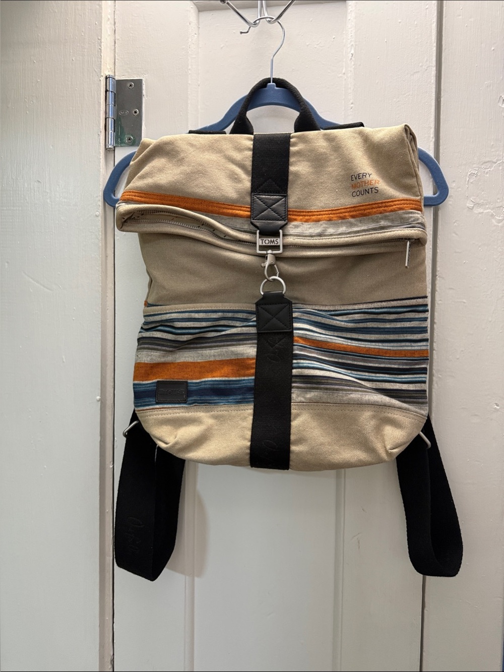 TOMS Beige Canvas RollTop Backpack with Blue/Orange Stripes- Every Mother Counts